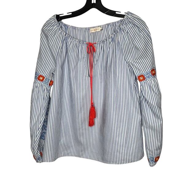 Tory Burch Tops - Tory Burch Madison Peasant Boho Striped Embroidered Tie Front Top Size 2